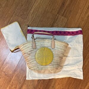 Tory Burch Ella Straw Basket Tote with Yellow Accent